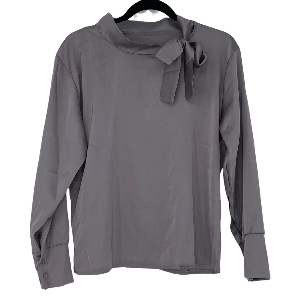 Beautiful Silky Silver Long Sleeve Top with Bow Tie Neck